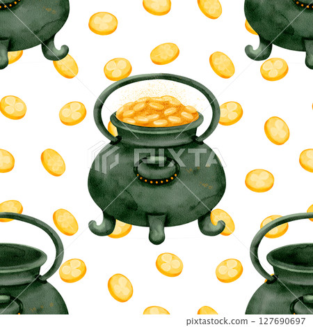 A vibrant cauldron filled with glimmering gold coins creates an enchanting pattern 127690697