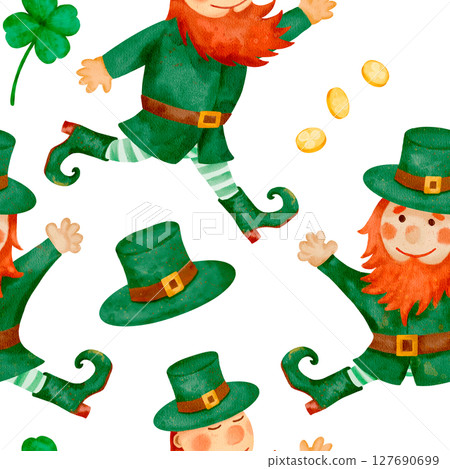 A playful and whimsical pattern featuring delightful leprechauns and cheerful shamrocks 127690699