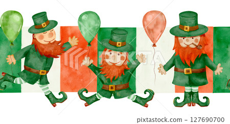 Cheerful Leprechauns celebrate joyfully with colorful balloons, creating a festive atmosphere 127690700
