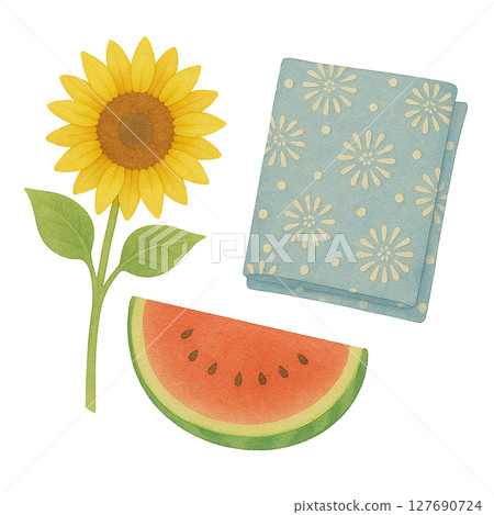 Watercolor style sunflower, watermelon and summer fabric illustration set 127690724