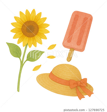 水彩風格夏季插畫集向日葵、草帽與冰淇淋 水彩風格夏季插畫集向日葵、草帽與冰淇淋 127690725