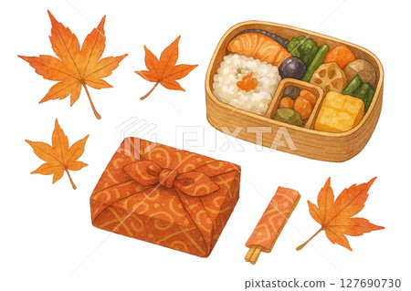 Watercolor style Autumn picnic lunch and autumn leaves set illustration material 127690730