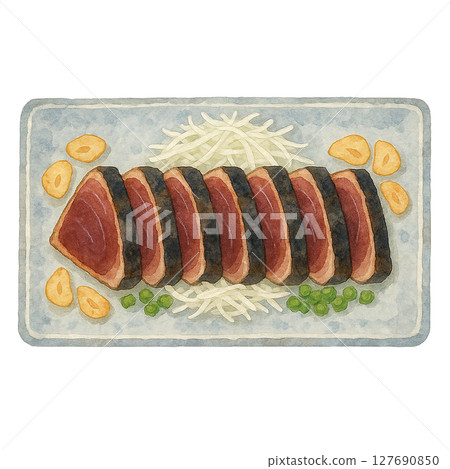 鰹魚刺身和大蒜的水彩插圖（剪切） 127690850