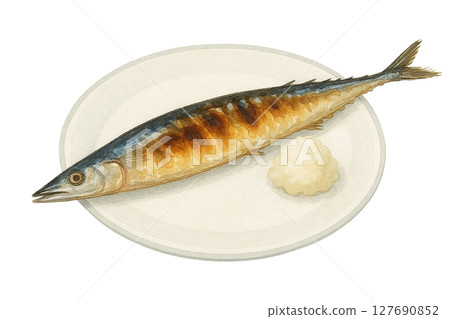 Watercolor illustration of grilled saury (with grated daikon radish, cut out) 127690852