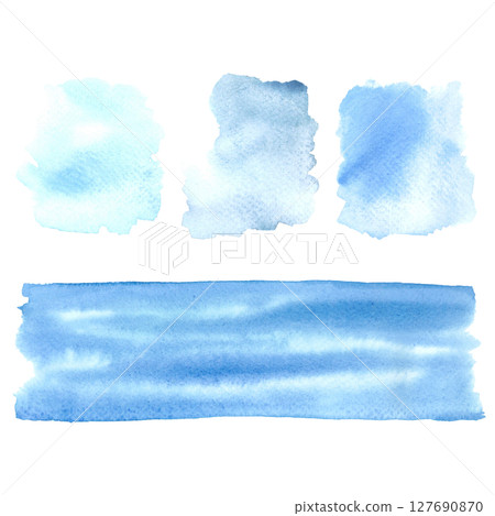 Abstract light blue watercolor stain isolated on white background. Hand drawn illustration of blot for your design, logo, emblem, banner, text. Delicate pastel spot for background. Template for decor. 127690870