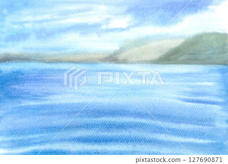 Blue sea with some islands and cloudy sky in the background. Hand drawn watercolor illustration of tranquil seascape on isolated background. Marine landscape with little waves for your designs. 127690871