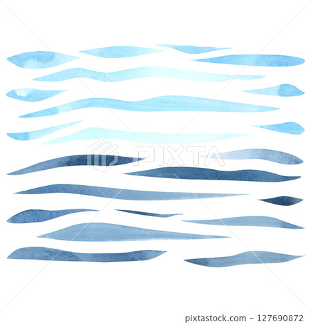 Abstract curved lines of ocean waves. A hand drawn watercolor illustration of wriggling blue stripes on an isolated background. Marine or ocean elements for your designs and any ideas. Abstract curved lines of ocean waves. A hand drawn watercolor illustration of wriggling blue stripes on an isolated background. Marine or ocean elements for your designs and any ideas. 127690872