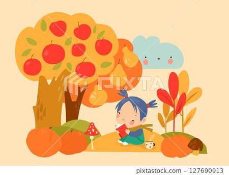 Cute girl reading book under apple tree in autumn garden 127690913