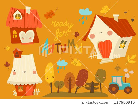 Cartoon Illustration with cute houses. Autumn trees, roads, houses with pipes and rain clouds Cartoon Illustration with cute houses. Autumn trees, roads, houses with pipes and rain clouds 127690919