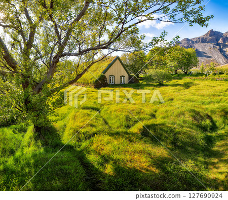 Impressive view of turf-top church Hofskirkja during sunset. 127690924
