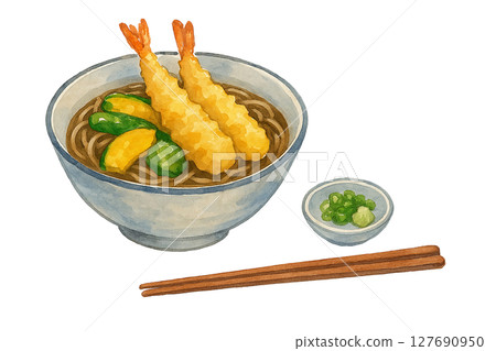 Watercolor illustration of tempura soba with condiments and chopsticks (Japanese food, cutout) 127690950