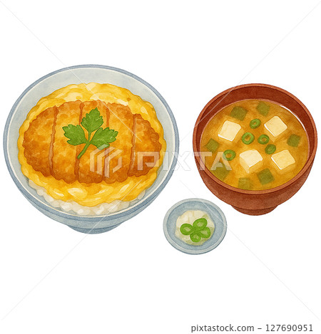 Watercolor illustration of a set meal of katsudon and miso soup (Japanese food, cutout) 127690951
