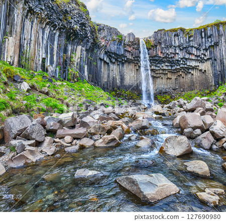 Impressive view of Svartifoss waterfall with basalt columns on southern part of Iceland. 127690980