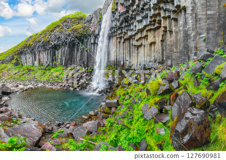 Ramarkable view of Svartifoss waterfall with basalt columns on southern part of Iceland. Ramarkable view of Svartifoss waterfall with basalt columns on southern part of Iceland. 127690981