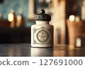 A small apothecary jar displays a classic logo in a warm atmosphere 127691000