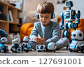 Boy interacts with voice assistant to play with various robots 127691001