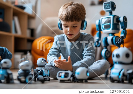 Boy interacts with voice assistant to play with various robots Boy interacts with voice assistant to play with various robots 127691001