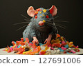 A uniquely crafted rat-shaped cake adorned with vibrant textured frosting 127691006