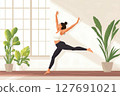 Woman engages in wall pilates, showcasing strength and flexibility indoors 127691021