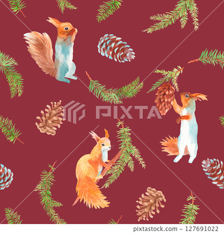 Seamless pattern of quirrel, fir branches and cones. Watercolor handmade elements. For fabric, wallpaper, packing paper, greeting cards, design, decoration and illustration. Seamless pattern of quirrel, fir branches and cones. Watercolor handmade elements. For fabric, wallpaper, packing paper, greeting cards, design, decoration and illustration. 127691022