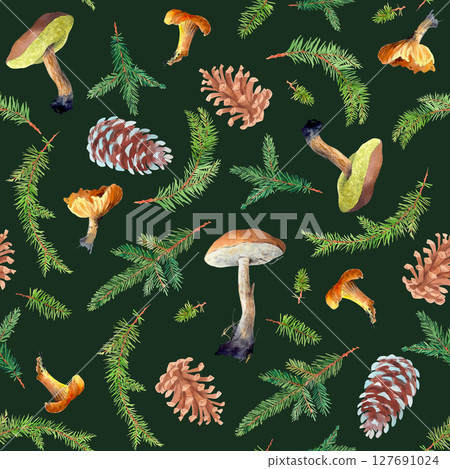 Seamless pattern of watercolor christmas branches, mushrooms and cones. Watercolor handmade elements. For fabric, wallpaper, packing paper, greeting cards, design, decoration and illustration. 127691024