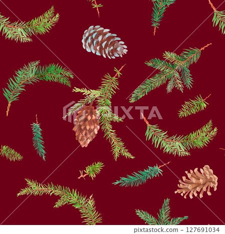 Seamless pattern of watercolor christmas branches and cones on a dark red background. Watercolor handmade elements. For fabric, wallpaper, packing paper, greeting cards, design, decoration and 127691034
