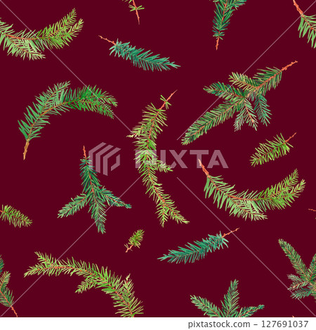 Pattern of watercolor christmas branches on a purple background. Watercolor handmade elements. For fabric, wallpaper, packing paper, greeting cards, design, decoration and illustration. Pattern of watercolor christmas branches on a purple background. Watercolor handmade elements. For fabric, wallpaper, packing paper, greeting cards, design, decoration and illustration. 127691037