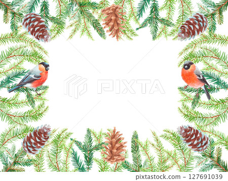 Rectangular frame of watercolor christmas branches, cones and bullfinches on a white background. Watercolor handmade elements. For fabric, wallpaper, packing paper, greeting cards, design, decoration Rectangular frame of watercolor christmas branches, cones and bullfinches on a white background. Watercolor handmade elements. For fabric, wallpaper, packing paper, greeting cards, design, decoration 127691039