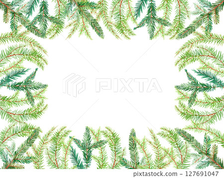 Rectangular frame of watercolor christmas branches on a white background. Watercolor handmade elements. For fabric, wallpaper, packing paper, greeting cards, design, decoration and illustration. 127691047