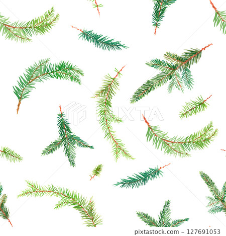 Pattern of watercolor christmas branches on a white background. Watercolor handmade elements. For fabric, wallpaper, packing paper, greeting cards, design, decoration and illustration. Pattern of watercolor christmas branches on a white background. Watercolor handmade elements. For fabric, wallpaper, packing paper, greeting cards, design, decoration and illustration. 127691053