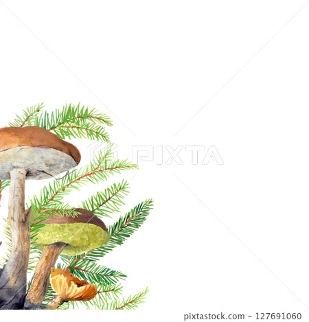 Corner frame of fir branches and mushrooms. Watercolor handmade elements. For fabric, wallpaper, packing paper, greeting cards, design, decoration and illustration. Corner frame of fir branches and mushrooms. Watercolor handmade elements. For fabric, wallpaper, packing paper, greeting cards, design, decoration and illustration. 127691060
