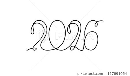 2026 sign - decoration continuous line hand drawing sign for year calendar. Vector stock illustration minimalism design isolated on white background. Editable stroke single line. EPS10 127691064