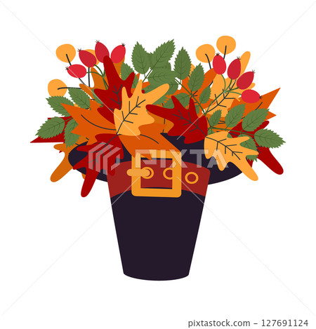 Freehand Autumn Leaves and Rose Hip Bouquet in Pilgrim Hat Thanksgiving Day Greeting Design element 127691124