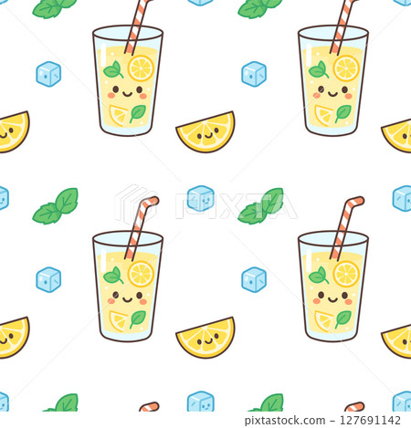 Cute seamless pattern featuring lemonade glass with citrus slices, ice cubes, and mint leaves in kawaii flat style. Perfect for summer packaging, digital backgrounds, and textile prints. 127691142
