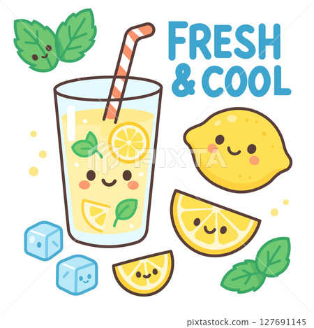 A cute kawaii style vector set featuring lemonade with citrus slices, mint leaves, ice cubes, and a fun Fresh and Cool lettered phrase. Bright and fun summer drink concept. A cute kawaii style vector set featuring lemonade with citrus slices, mint leaves, ice cubes, and a fun Fresh and Cool lettered phrase. Bright and fun summer drink concept. 127691145