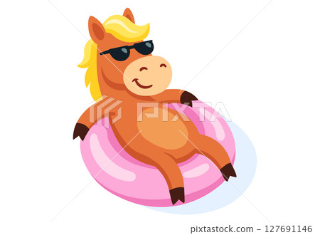 Adorable cartoon horse in sunglasses lounging on a pink inflatable ring. Summer vacation and pool fun concept in bright flat style. Adorable cartoon horse in sunglasses lounging on a pink inflatable ring. Summer vacation and pool fun concept in bright flat style. 127691146