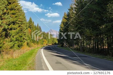 Country asphalt road, coniferous trees on both sides, mount Krivan peak (Slovak symbol)  with blue sky above, in distance 127691176