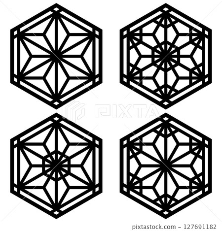 A set of four design elements Based on ornaments of the traditional Japanese craft Kumiko Zaiku A set of four design elements Based on ornaments of the traditional Japanese craft Kumiko Zaiku 127691182