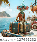 funny male alien  with his luggage at resort shore.  Digital artwork.  Ai generated 127691232