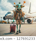 funny male alien going from flight  with his luggage.  Digital artwork.  Ai generated 127691233