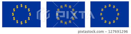 Flag of European Union, stars replaced with dollar, renminbi or yuan, bitcoin sign. Eurozone trade to United States, China and cryptocurrency trading concept Flag of European Union, stars replaced with dollar, renminbi or yuan, bitcoin sign. Eurozone trade to United States, China and cryptocurrency trading concept 127691296