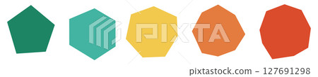 Set of imperfect / unequal polygons with 5 to 9 sides - pentagon, hexagon, heptagon, octagon, nonagon, not all sides or angles equal, icons with different colors 127691298
