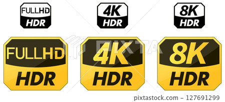Set of yellow and black HDR icons. HD, 4k and 8k version Set of yellow and black HDR icons. HD, 4k and 8k version 127691299