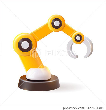 A yellow robotic arm featuring a claw placed on a white background in the style of 3D realism, cartoon design, 3D plastic with glossy highlights 127691308