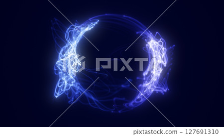 Light blue and white glowing energy ribbons forming a digital sphere with flowing particle streams Light blue and white glowing energy ribbons forming a digital sphere with flowing particle streams 127691310