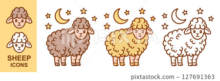Cute sheep, lamb farm animal with moon and stars icon set. Funny little ram character. Night sleep dream. Wool textile. Domestic ewe head face. Agriculture livestock mammal. Aries zodiac sign vector Cute sheep, lamb farm animal with moon and stars icon set. Funny little ram character. Night sleep dream. Wool textile. Domestic ewe head face. Agriculture livestock mammal. Aries zodiac sign vector 127691363