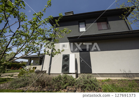 Energy-efficient heat pump unit installed on a modern house exterior surrounded by green yard and landscaping 127691373