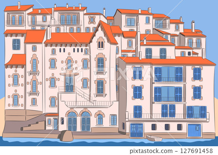 Vector illustration of Cadaques seaside, Cadaques, Spain Vector illustration of Cadaques seaside, Cadaques, Spain 127691458