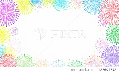 夏日煙火邊框水彩手繪風格背景素材16：9尺寸AI生成素材 127691752