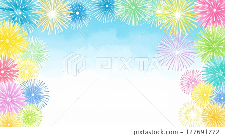 夏日煙火邊框水彩手繪風格背景素材16：9尺寸AI生成素材 127691772